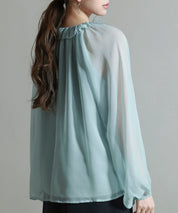 フリルネックリボンシフォンブラウスsdp0253 ブルー