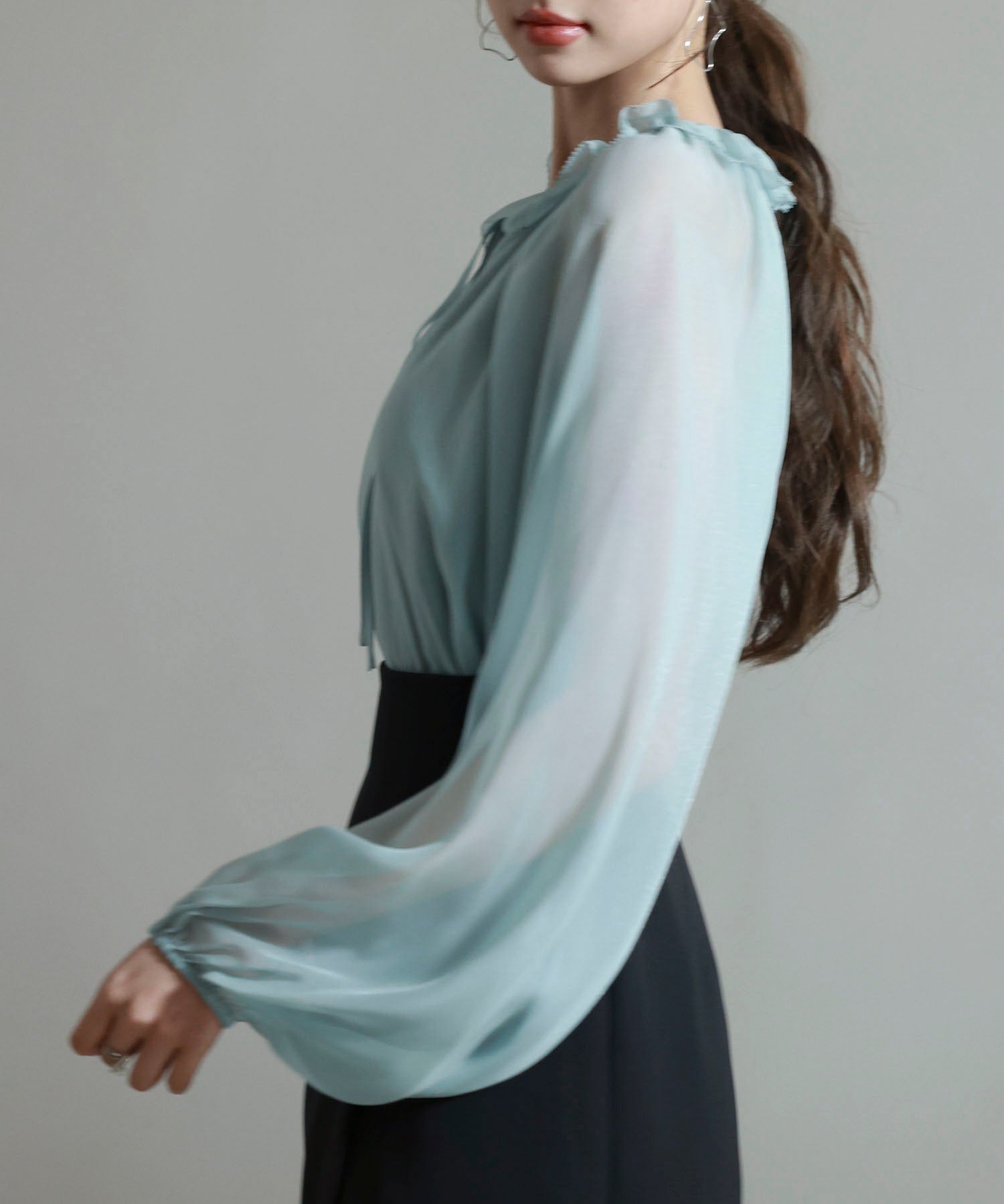 フリルネックリボンシフォンブラウスsdp0253 ブルー