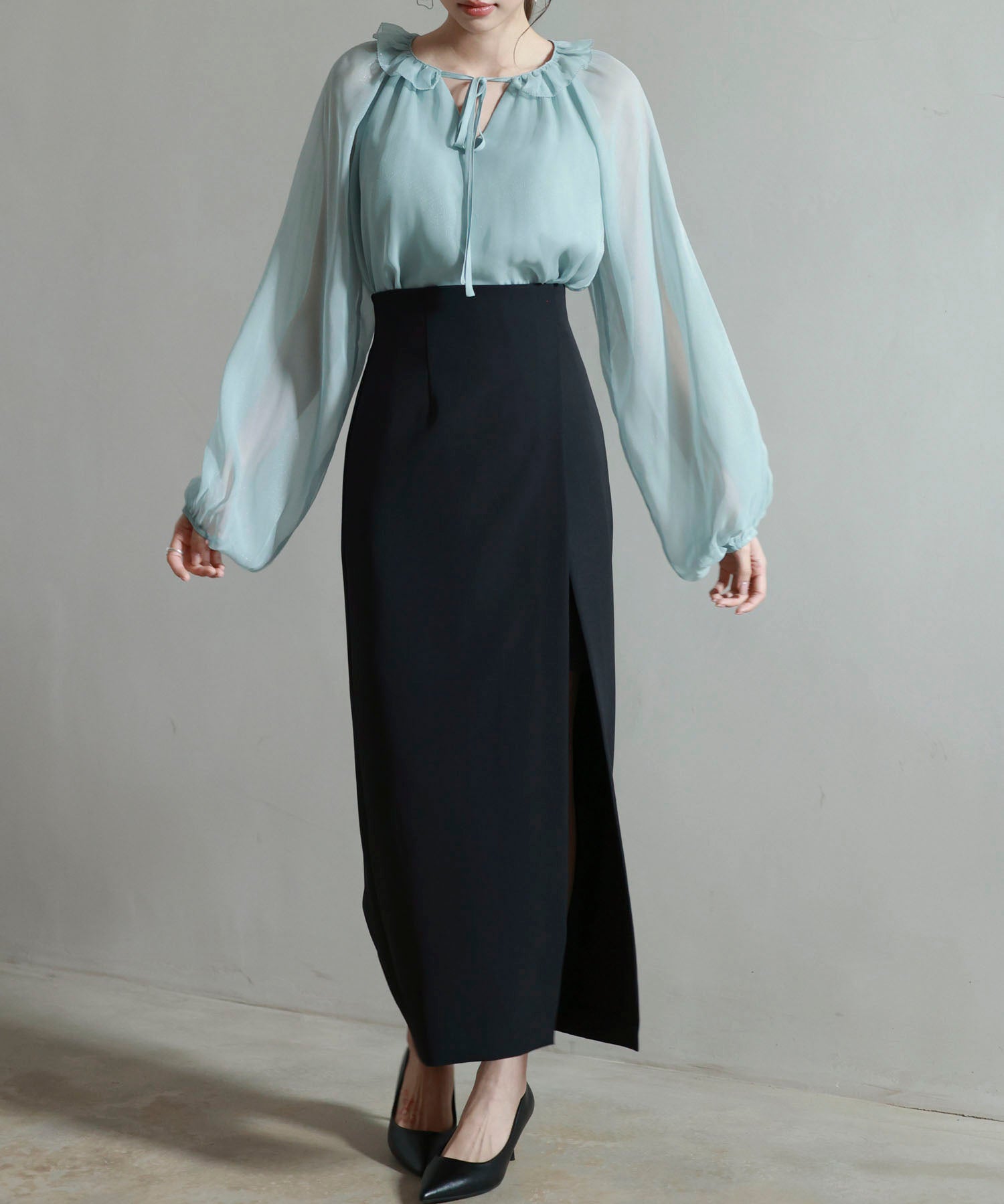 フリルネックリボンシフォンブラウスsdp0253 ブルー