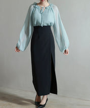 フリルネックリボンシフォンブラウスsdp0253 ブルー