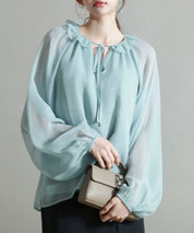 フリルネックリボンシフォンブラウスsdp0253 ブルー