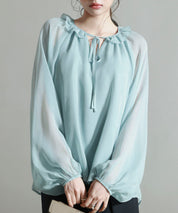 フリルネックリボンシフォンブラウスsdp0253 ブルー