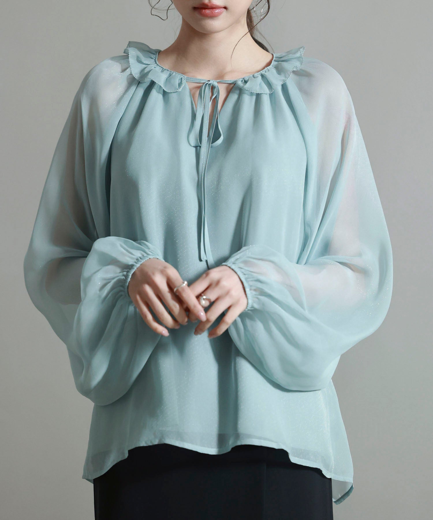 フリルネックリボンシフォンブラウスsdp0253 ブルー
