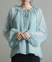 フリルネックリボンシフォンブラウスsdp0253 ブルー