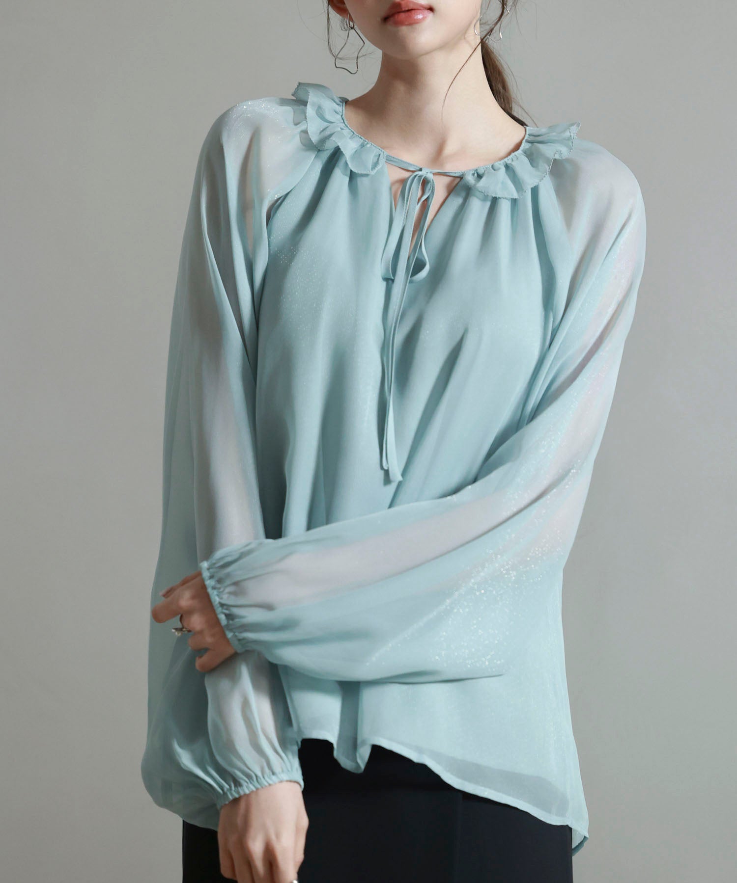 フリルネックリボンシフォンブラウスsdp0253 ブルー
