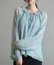 フリルネックリボンシフォンブラウスsdp0253 ブルー