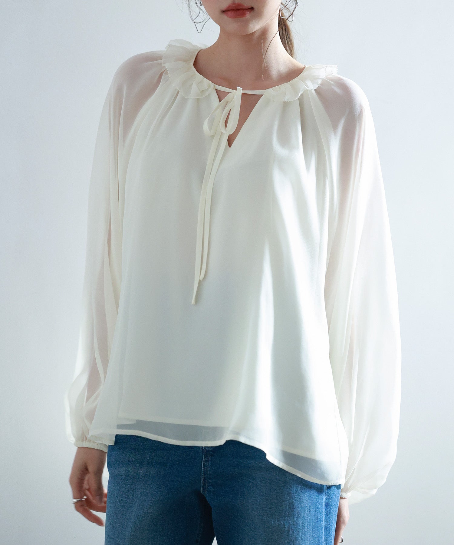 フリルネックリボンシフォンブラウスsdp0253 アイボリー