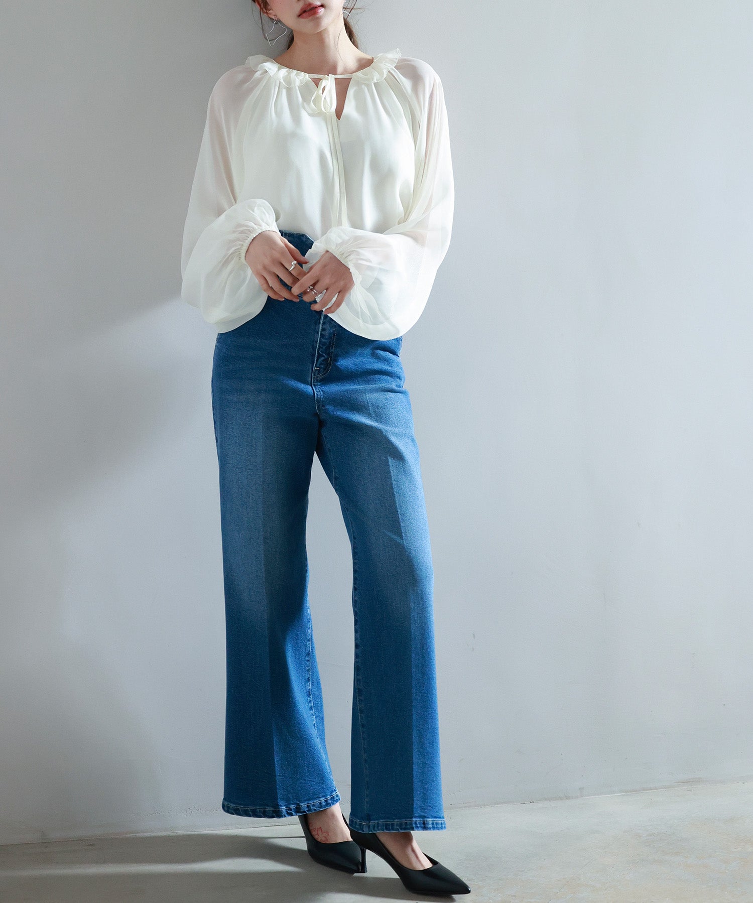 フリルネックリボンシフォンブラウスsdp0253 アイボリー