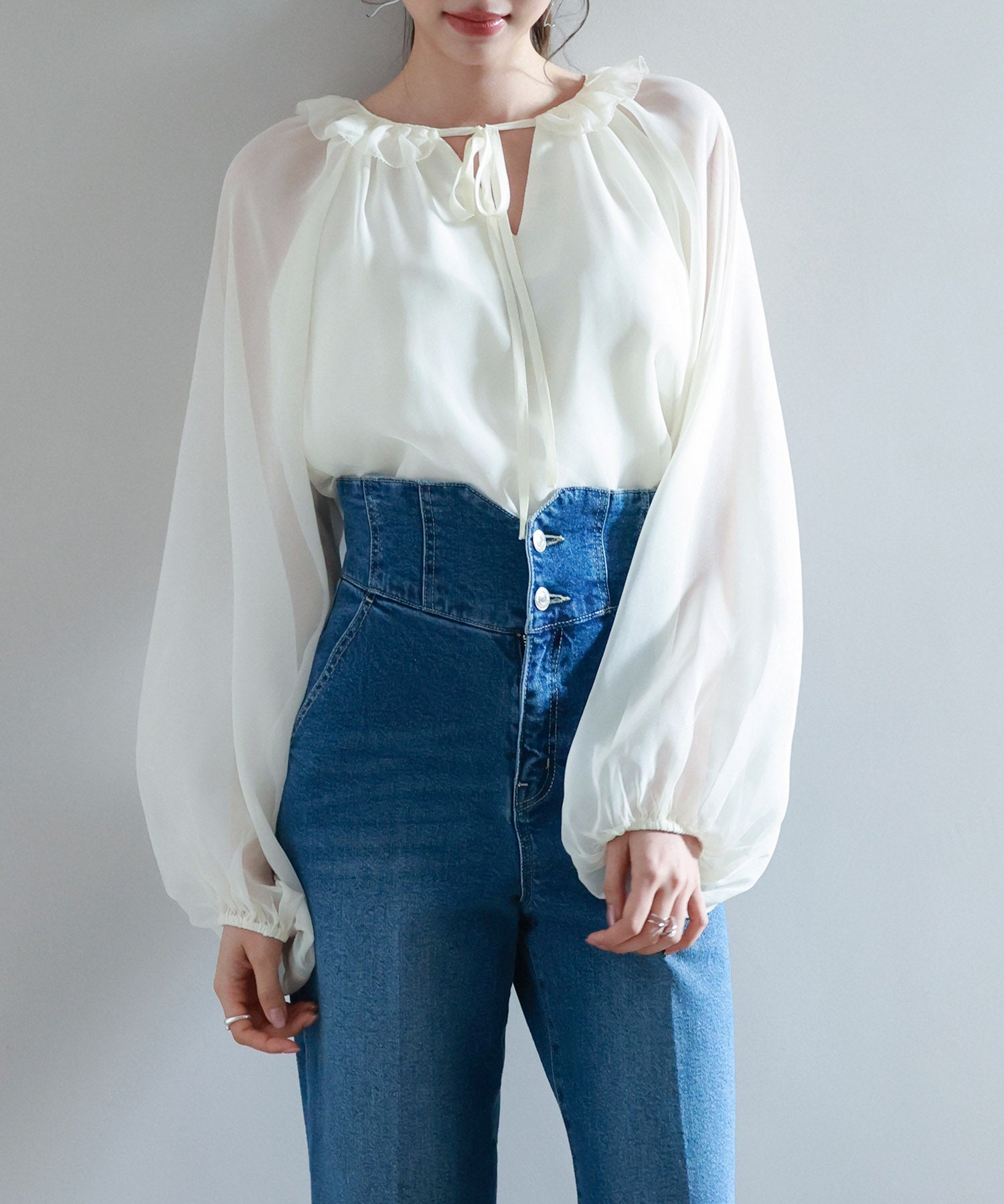 フリルネックリボンシフォンブラウスsdp0253 アイボリー