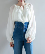 フリルネックリボンシフォンブラウスsdp0253 アイボリー