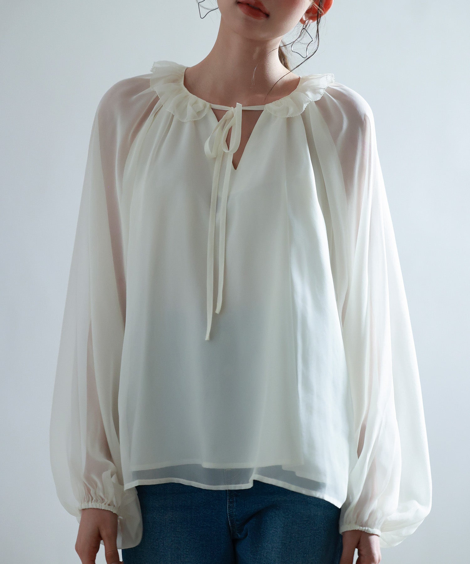 フリルネックリボンシフォンブラウスsdp0253 アイボリー