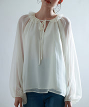 フリルネックリボンシフォンブラウスsdp0253 アイボリー