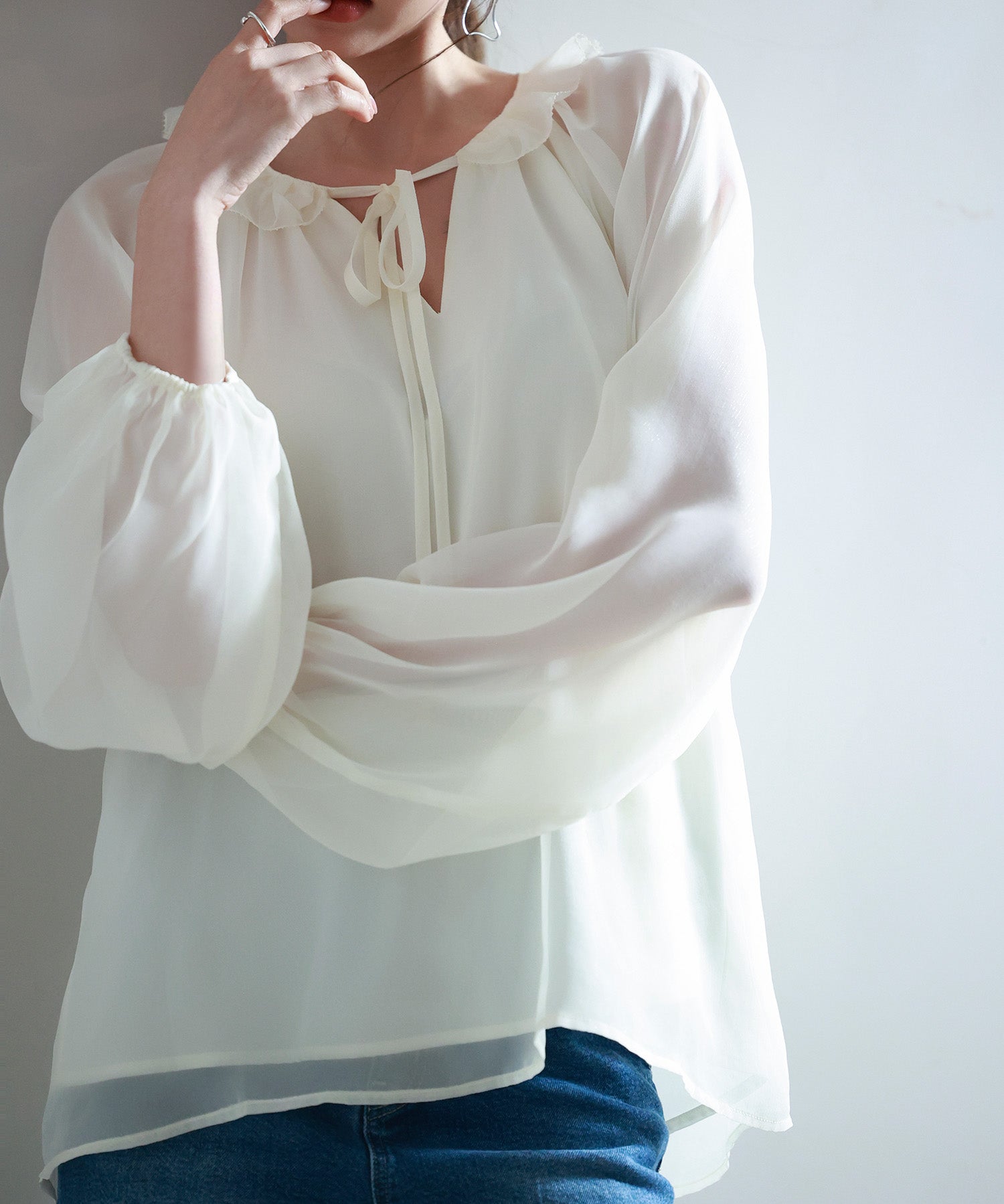 フリルネックリボンシフォンブラウスsdp0253 アイボリー