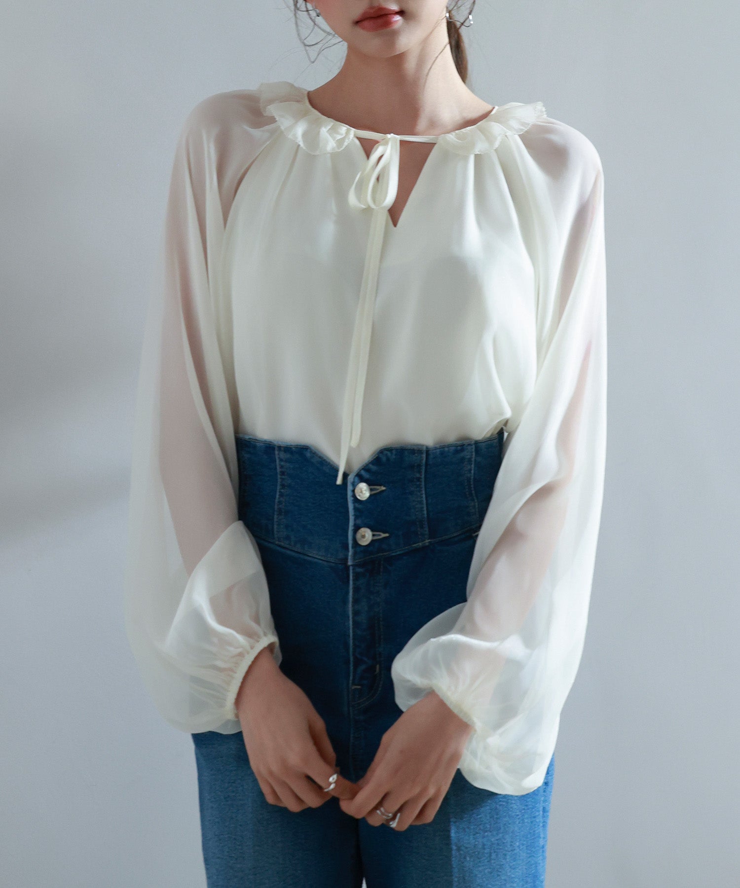 フリルネックリボンシフォンブラウスsdp0253 アイボリー