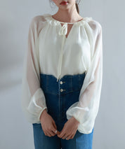 フリルネックリボンシフォンブラウスsdp0253 アイボリー