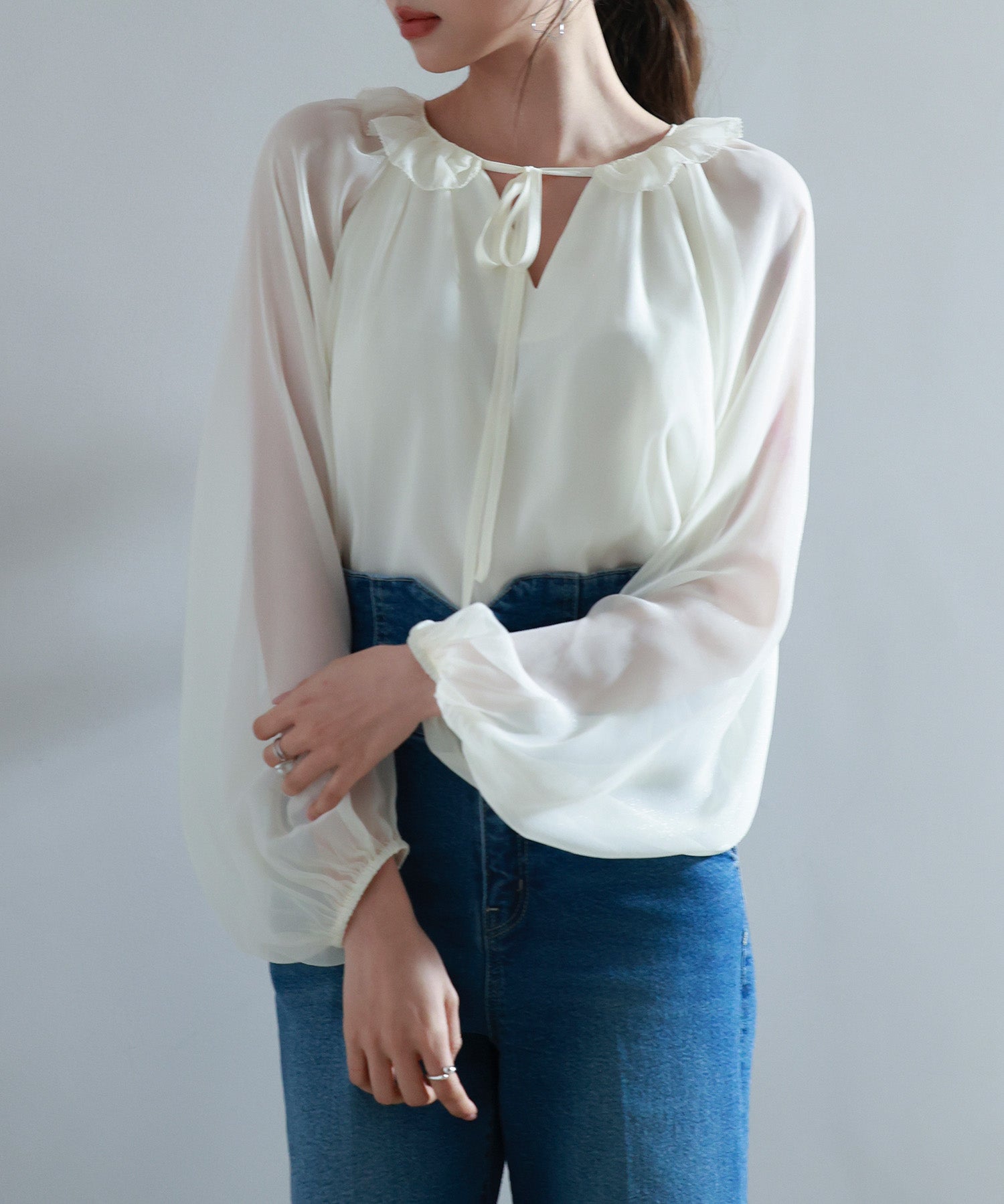 フリルネックリボンシフォンブラウスsdp0253 アイボリー