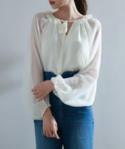 フリルネックリボンシフォンブラウスsdp0253 アイボリー
