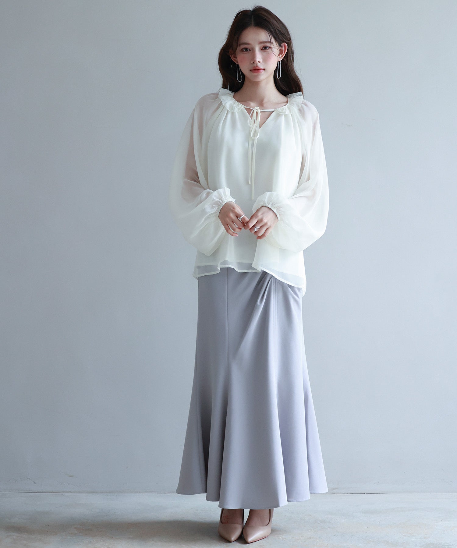 フリルネックリボンシフォンブラウスsdp0253 アイボリー