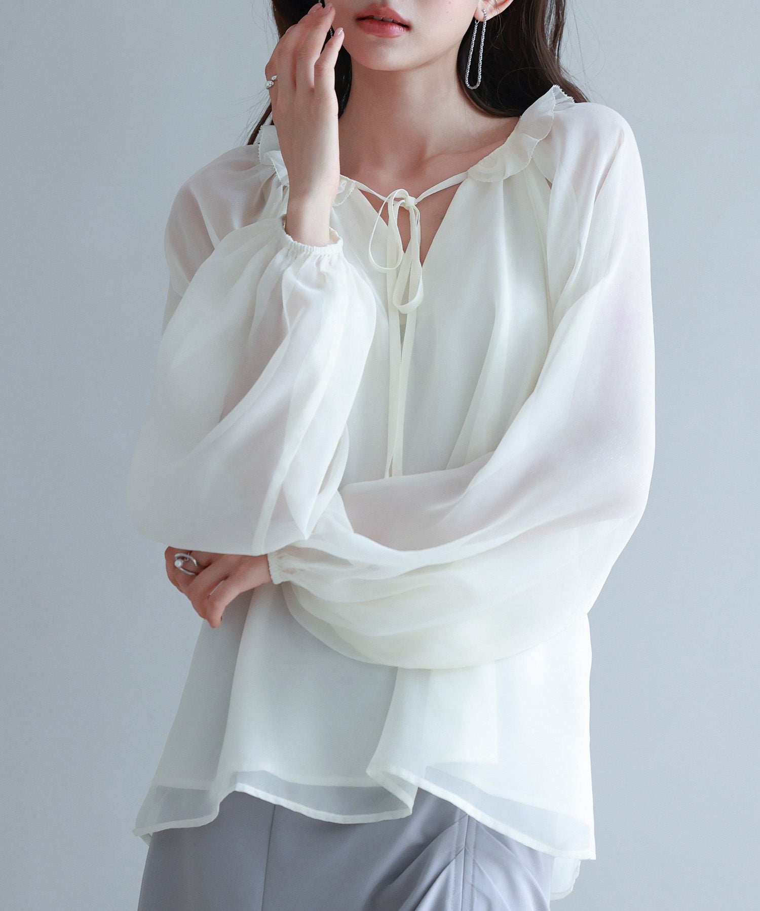 フリルネックリボンシフォンブラウスsdp0253 アイボリー