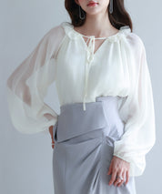 フリルネックリボンシフォンブラウスsdp0253 アイボリー