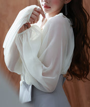 フリルネックリボンシフォンブラウスsdp0253 アイボリー