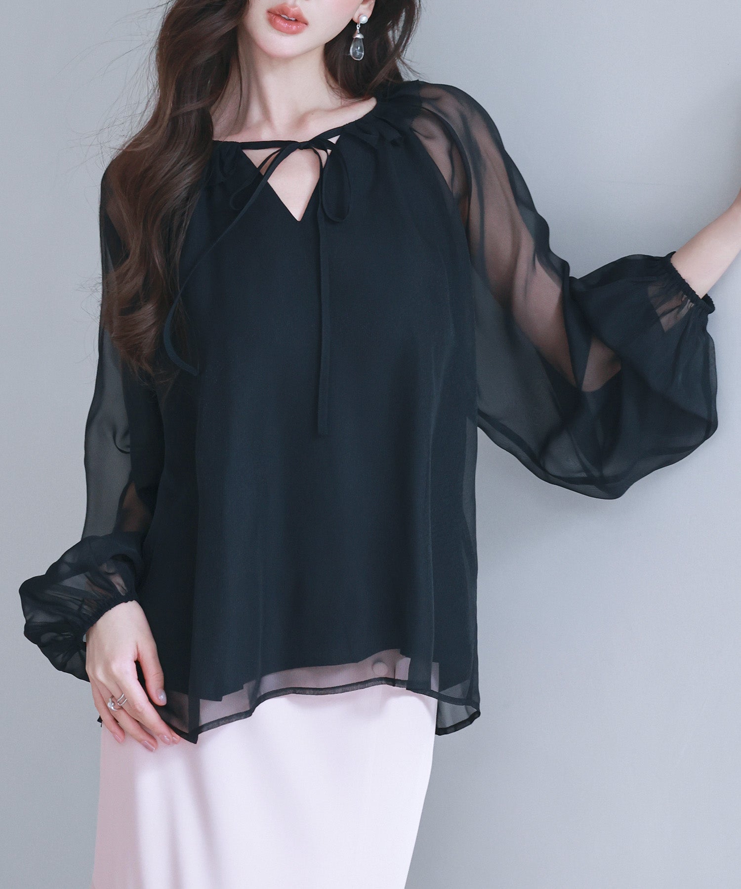 フリルネックリボンシフォンブラウスsdp0253 ブラック