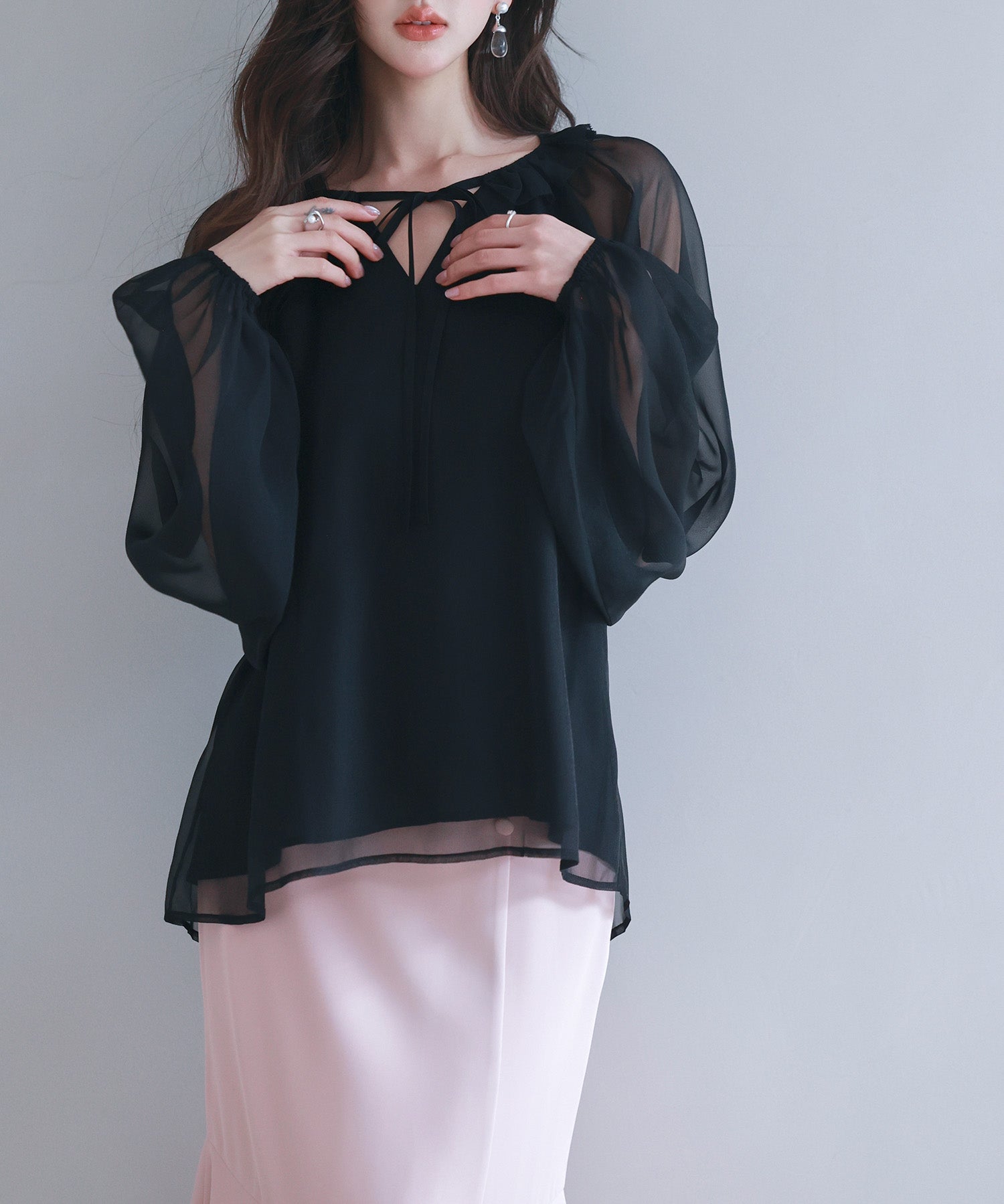 フリルネックリボンシフォンブラウスsdp0253 ブラック