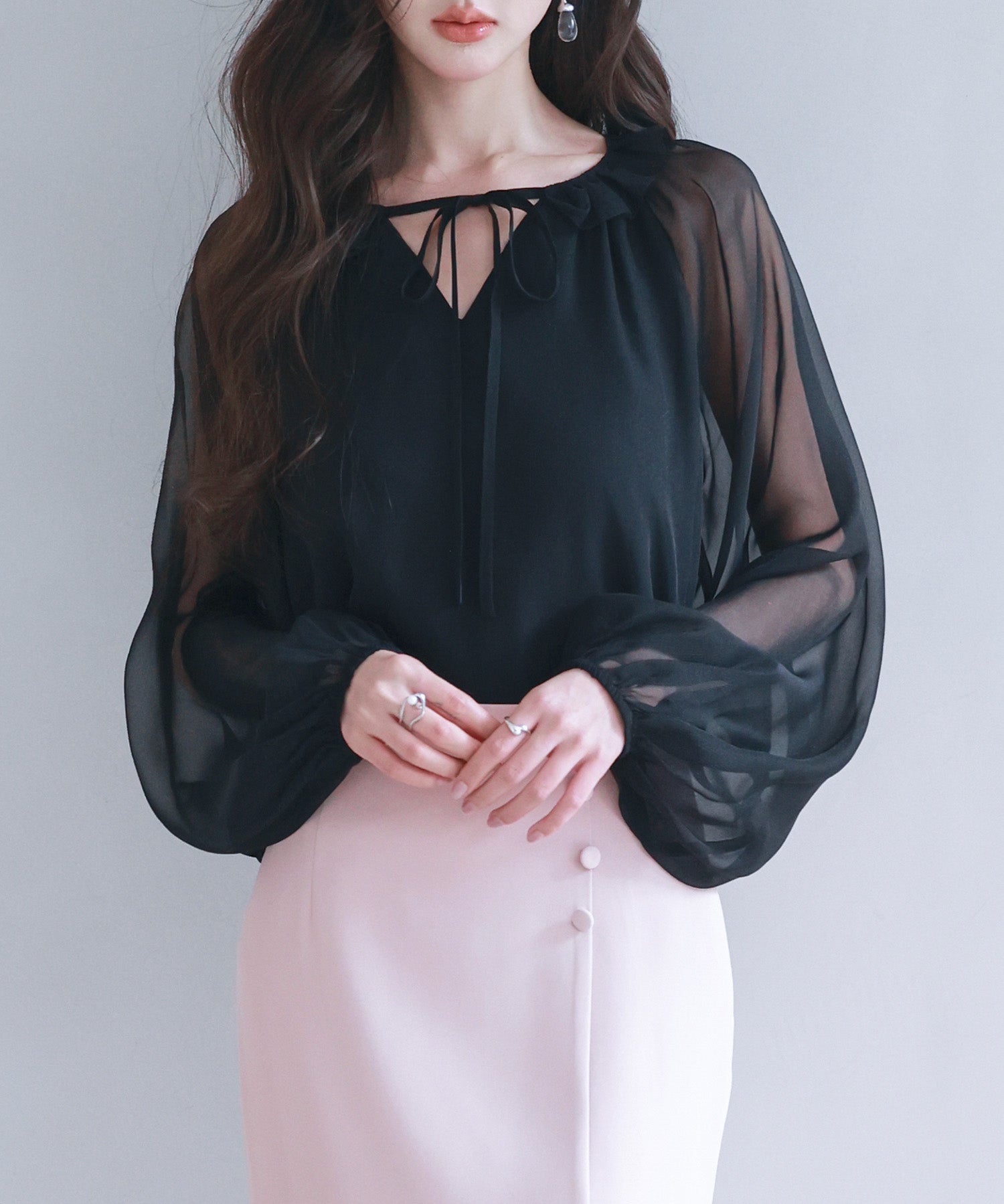 フリルネックリボンシフォンブラウスsdp0253 ブラック