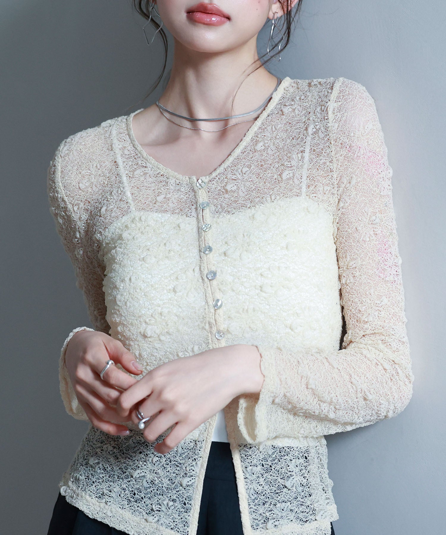 シェルボタン総レースカーディガンsdp0254 ベージュ