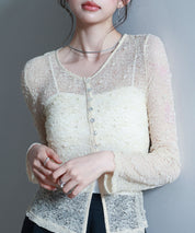 シェルボタン総レースカーディガンsdp0254 ベージュ