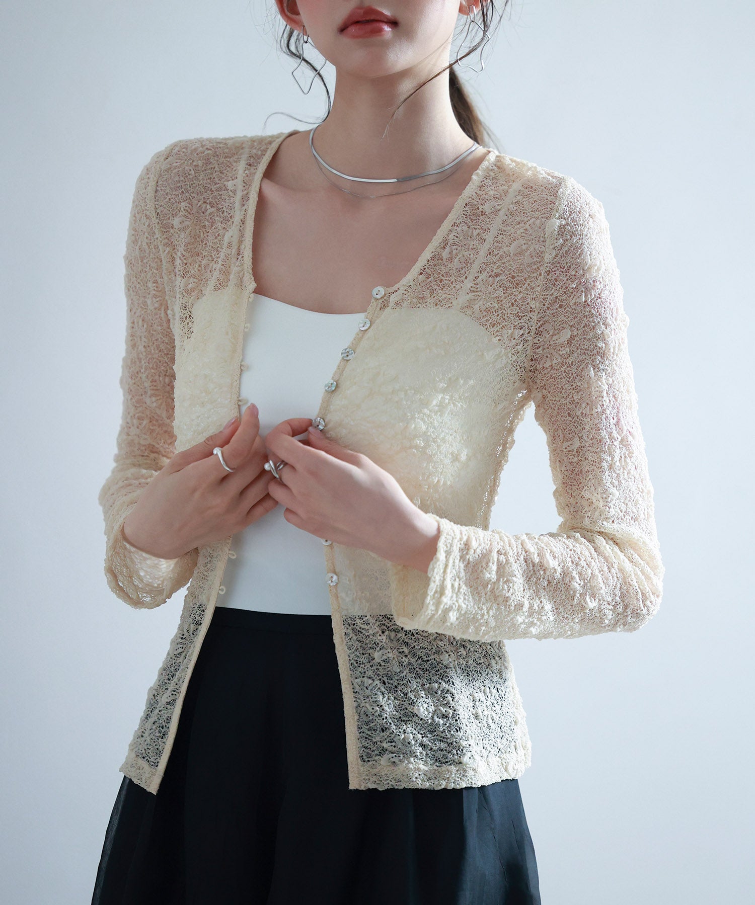 シェルボタン総レースカーディガンsdp0254 ベージュ