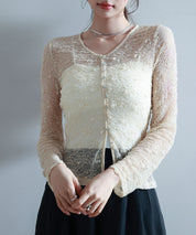 シェルボタン総レースカーディガンsdp0254 ベージュ