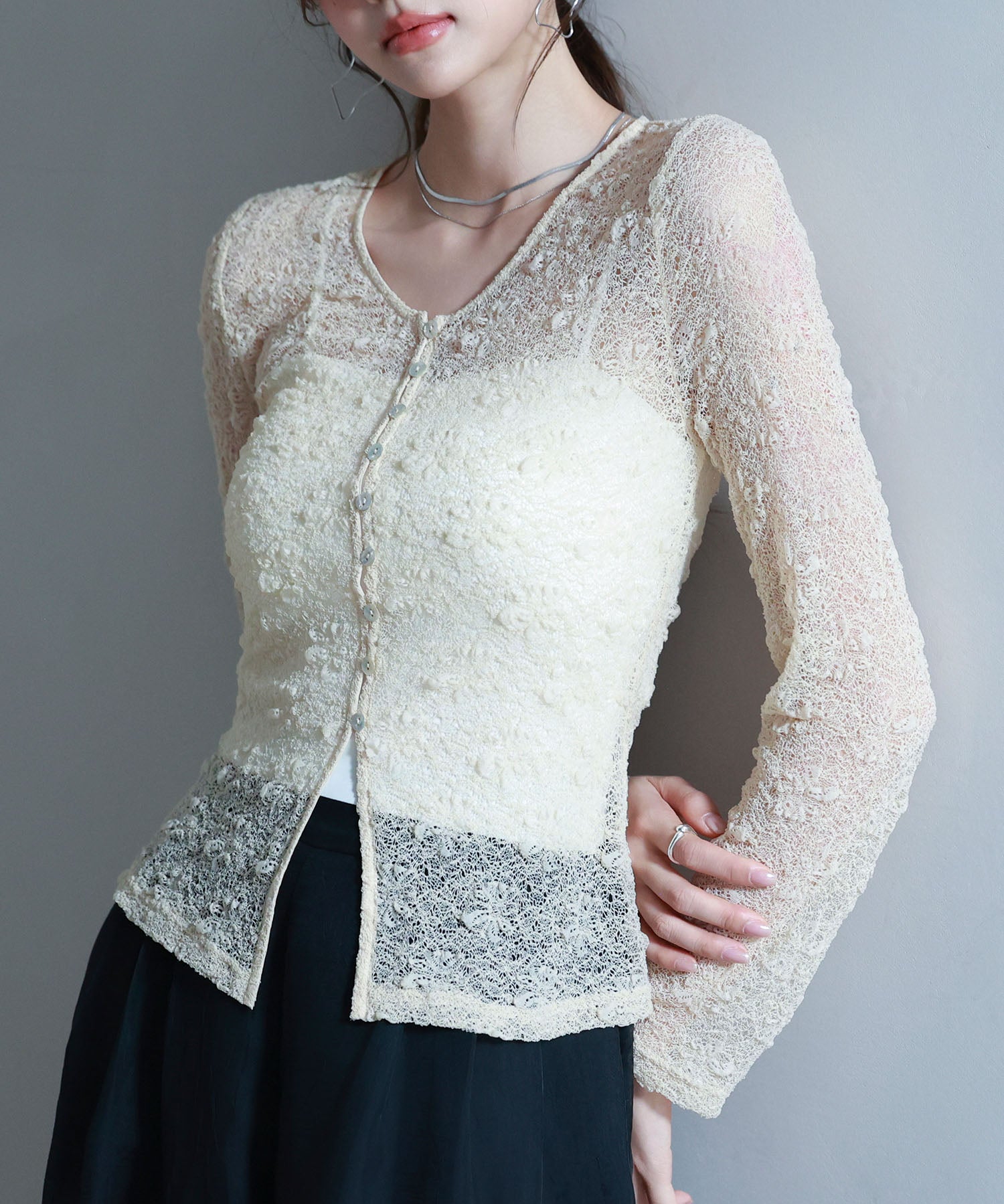 シェルボタン総レースカーディガンsdp0254 ベージュ