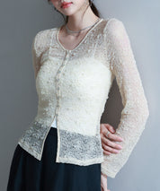 シェルボタン総レースカーディガンsdp0254 ベージュ