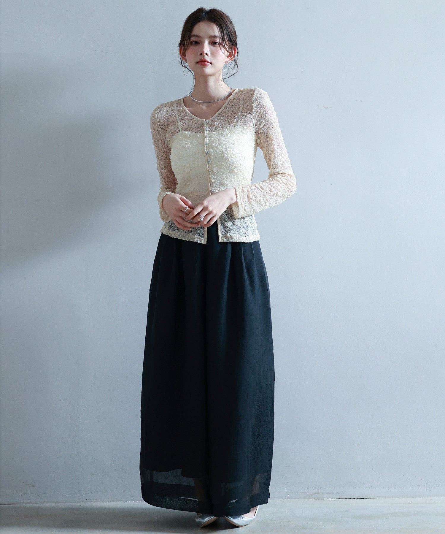 シェルボタン総レースカーディガンsdp0254 ベージュ