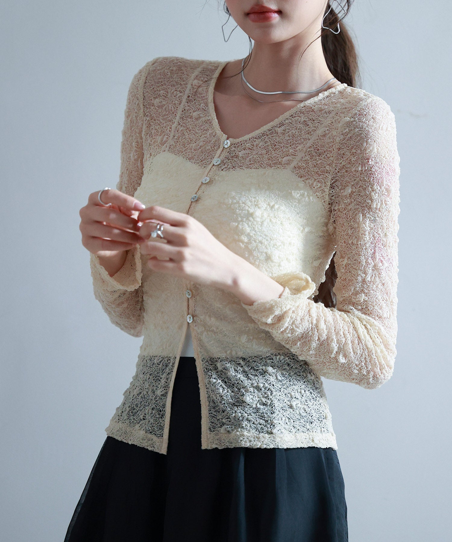 シェルボタン総レースカーディガンsdp0254 ベージュ