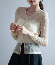 シェルボタン総レースカーディガンsdp0254 ベージュ