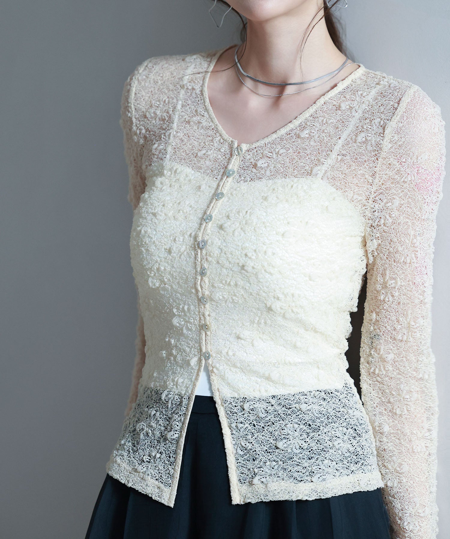 シェルボタン総レースカーディガンsdp0254 ベージュ