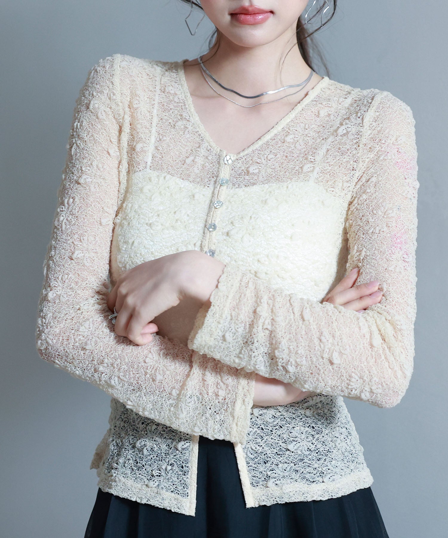 シェルボタン総レースカーディガンsdp0254 ベージュ