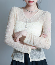 シェルボタン総レースカーディガンsdp0254 ベージュ