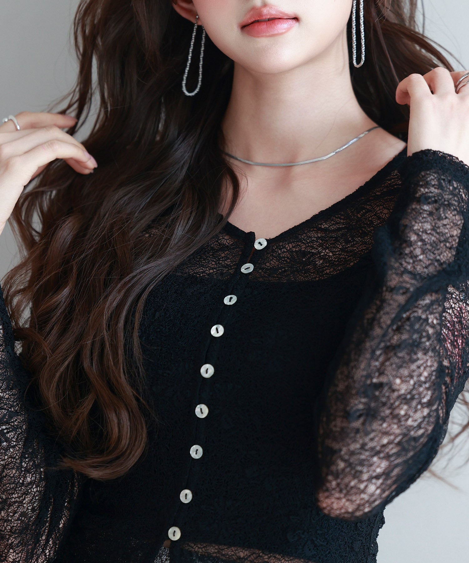 シェルボタン総レースカーディガンsdp0254 ブラック