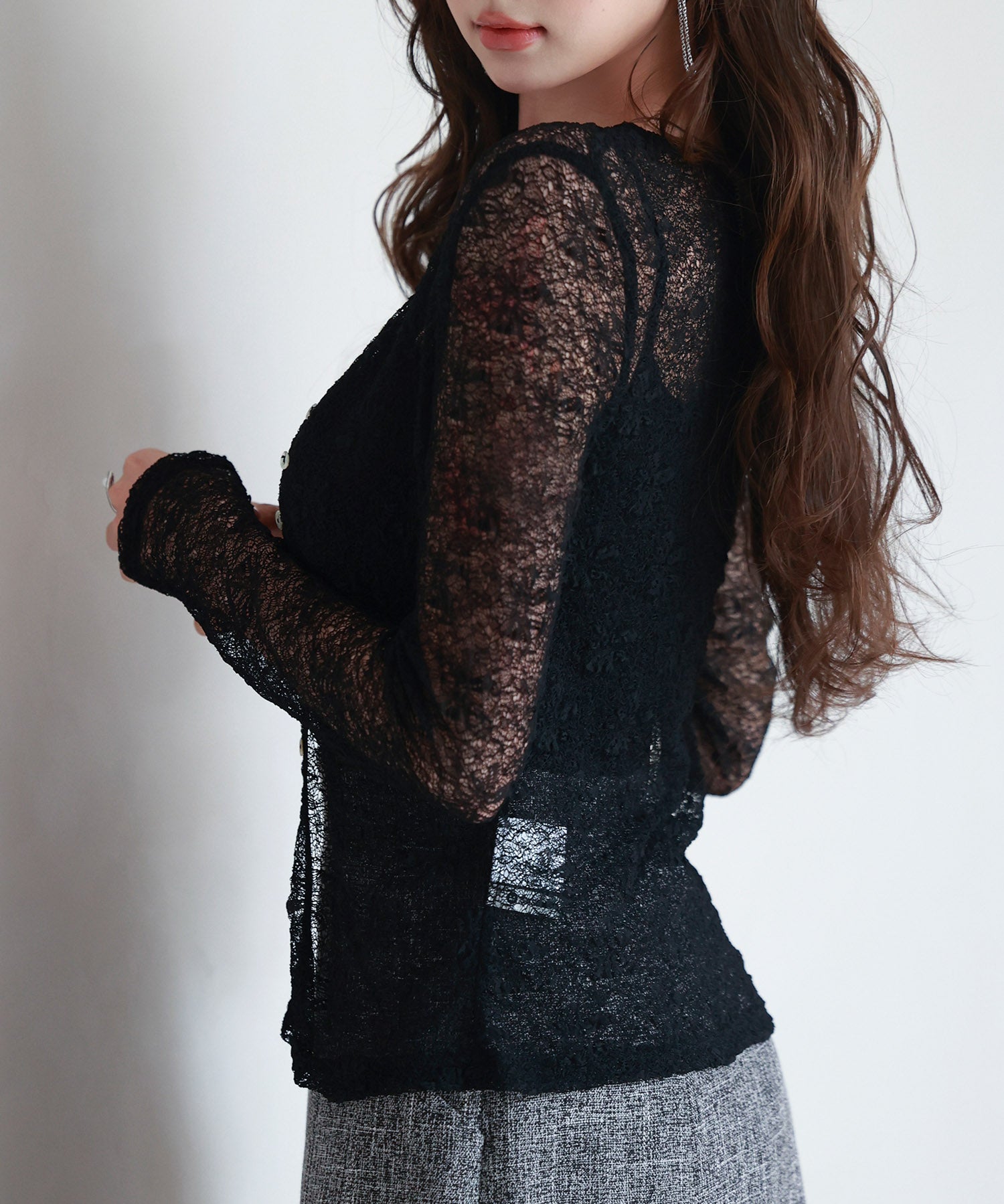 シェルボタン総レースカーディガンsdp0254 ブラック
