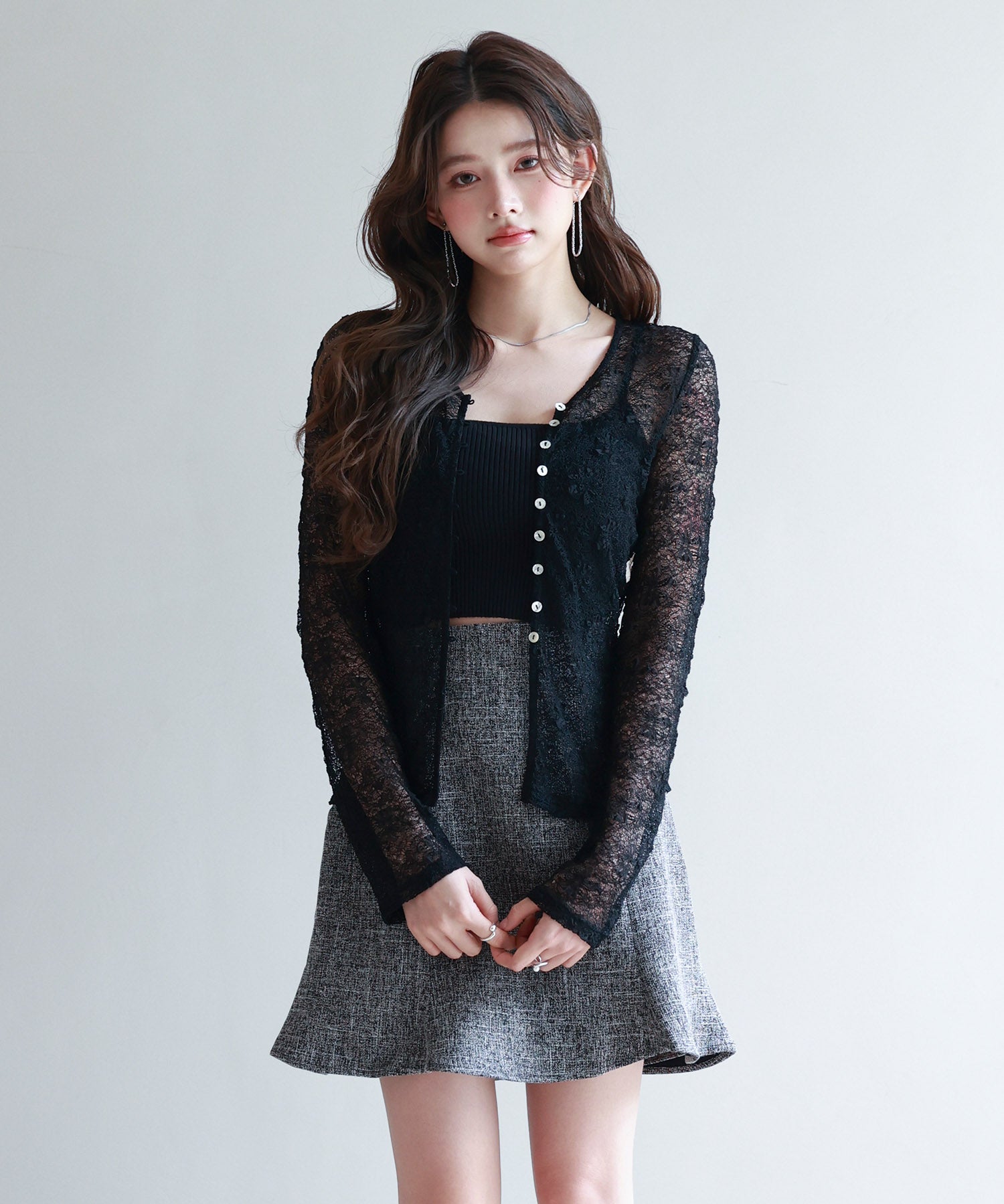 シェルボタン総レースカーディガンsdp0254 ブラック