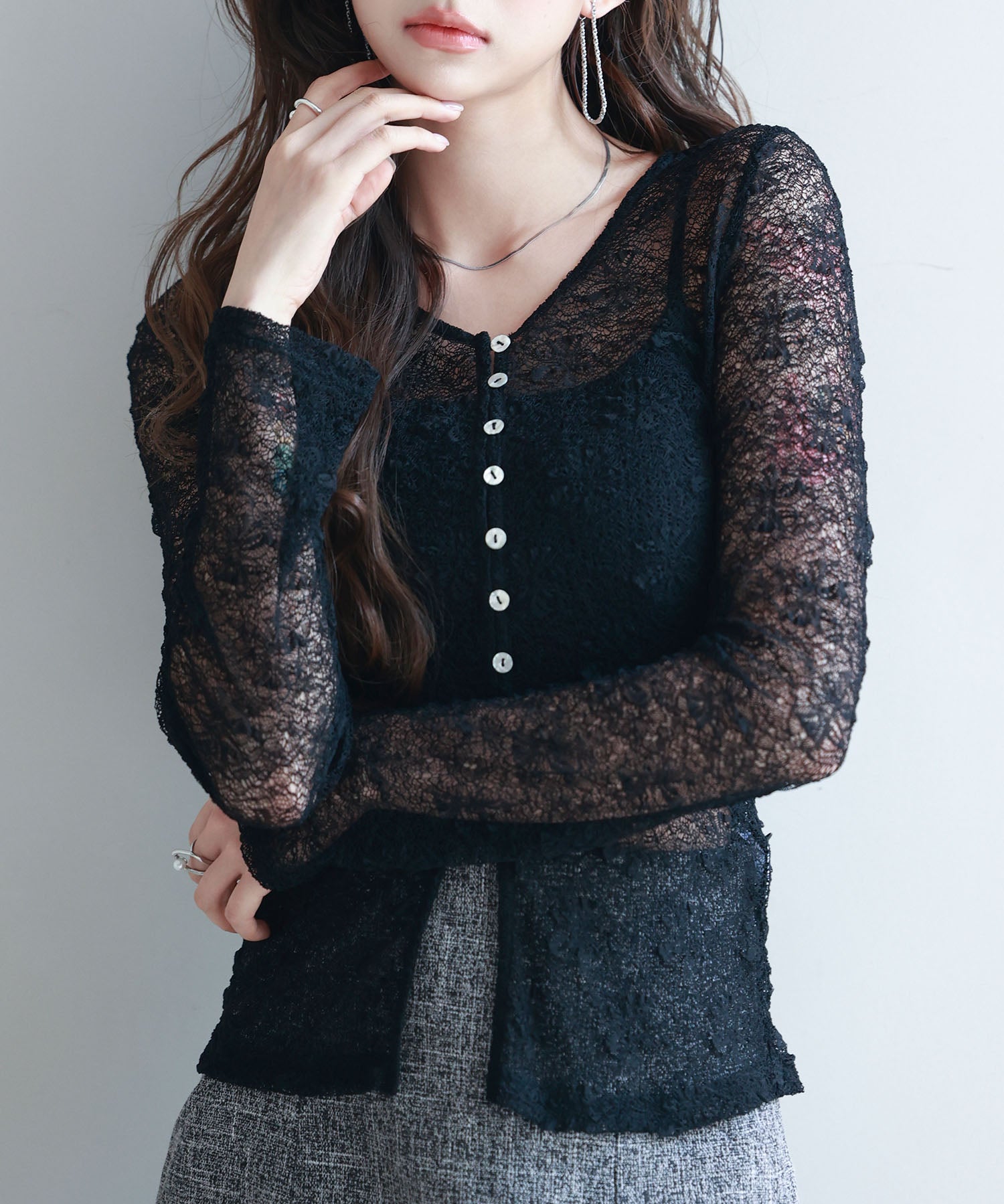 シェルボタン総レースカーディガンsdp0254 ブラック