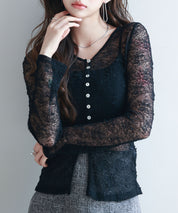 シェルボタン総レースカーディガンsdp0254 ブラック