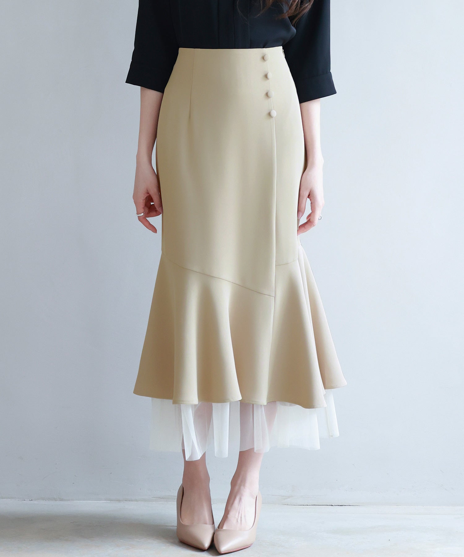 チュールドッキングハイウエストスカートsdp0261 ベージュ