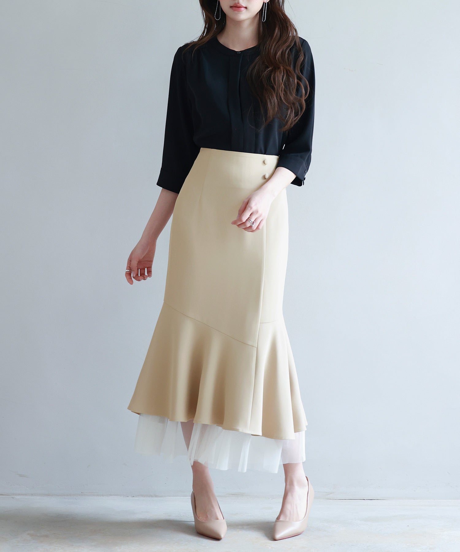 チュールドッキングハイウエストスカートsdp0261 ベージュ