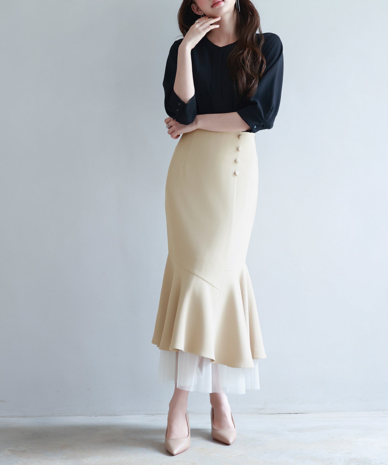 チュールドッキングハイウエストスカートsdp0261 ベージュ