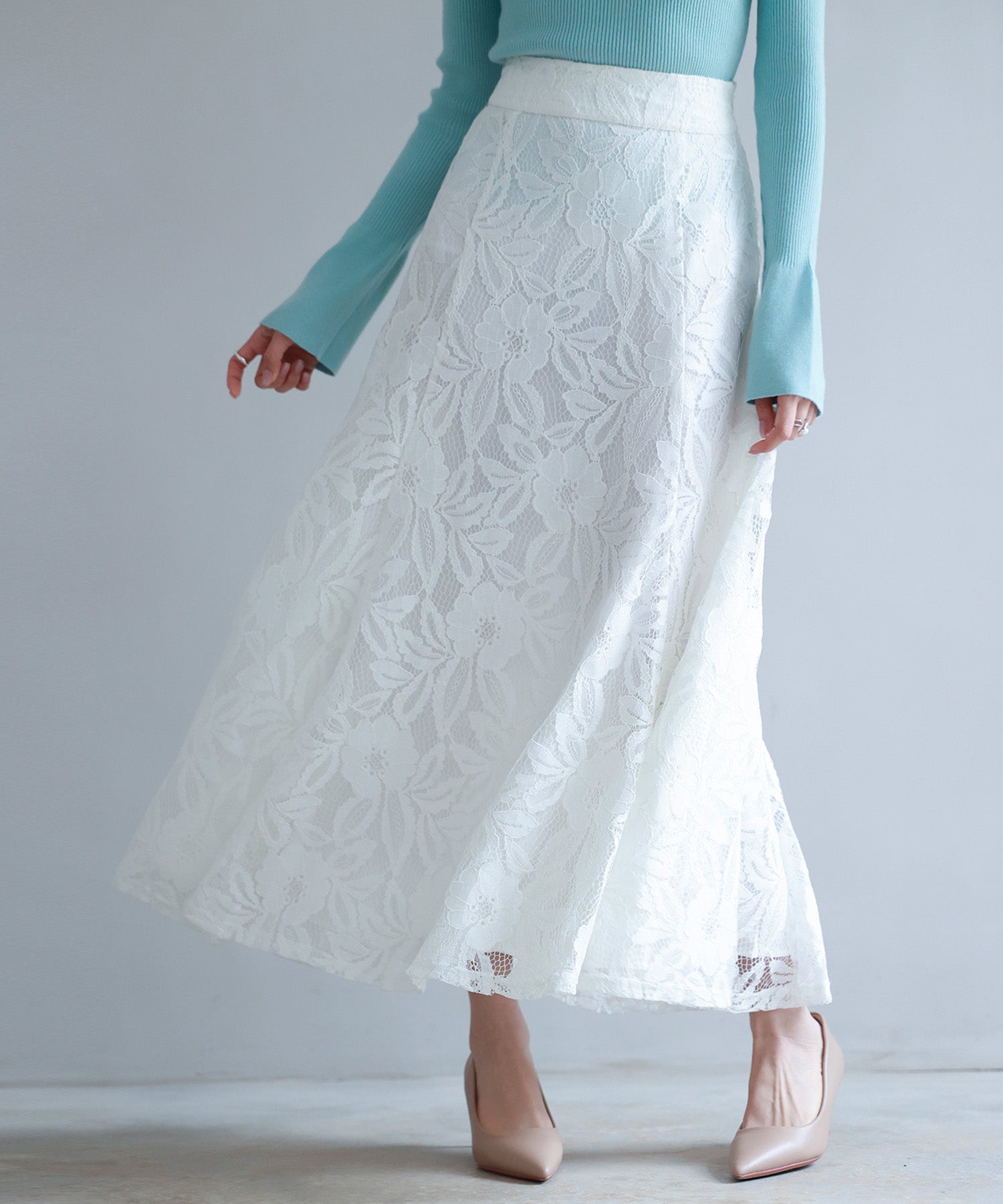 ロング丈ハイウエスト総レーススカートsdp0262 ホワイト