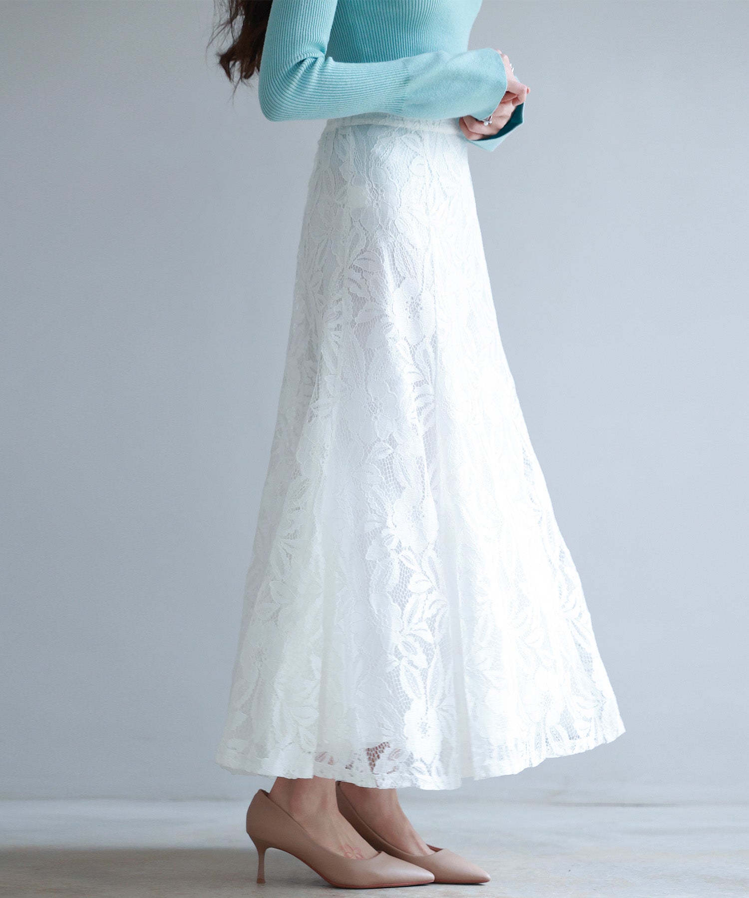 ロング丈ハイウエスト総レーススカートsdp0262 ホワイト